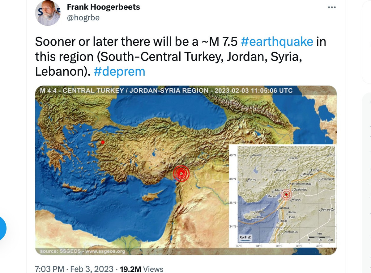Người đăng bài viết đó là Frank Hoogerbeets - nhà nghiên cứu người Hà Lan thuộc Cơ quan Khảo sát Địa chất Hệ Mặt trời (SSGEOS) chuyên nghiên cứu hoạt động địa chấn. Ông viết trên trang Twitter cá nhân vào ngày 3/2 với nội dung: “sớm hay muộn sẽ có một trận động đất mạnh 7,5 độ richter ở khu vực xung quanh trung nam Thổ Nhĩ Kỳ, Jordan, Syria và Lebanon”.