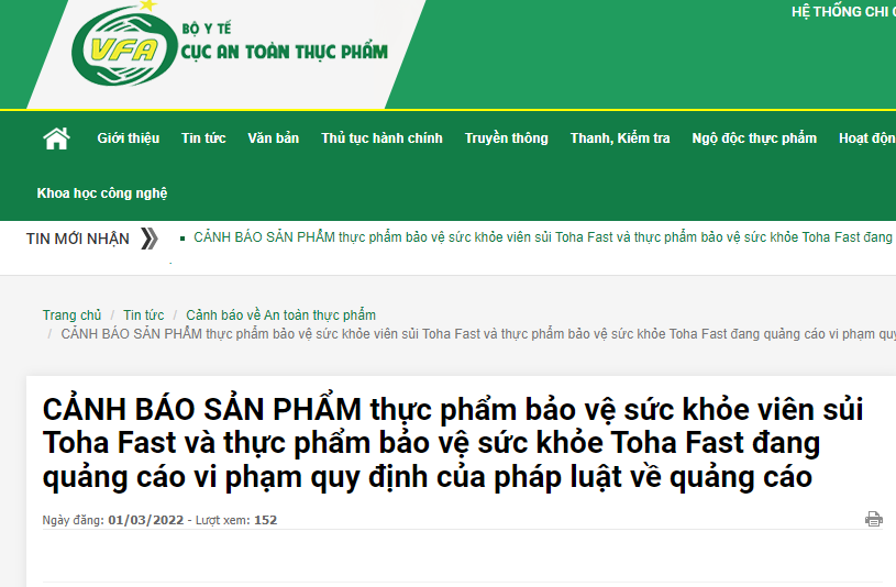Canh bao ve thong tin quang cao thuc pham bao ve suc khoe Toha Fast
