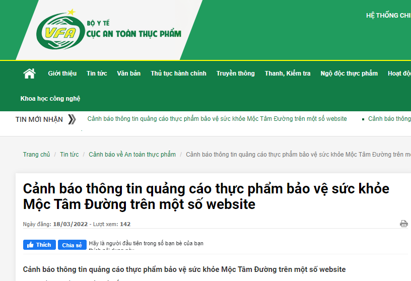 Canh bao ve thong tin quang cao san pham TPBVSK Moc Tam Duong