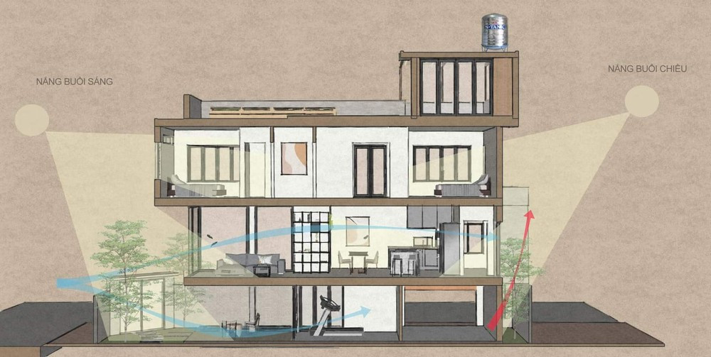 Ngôi nhà 4 tầng được xây trong khu đất có diện tích 120m2, là nhà ống điển hình trong đô thị, mong muốn của gia chủ là không gian ở chan hòa cùng tự nhiên, có lợi cho sức khỏe.