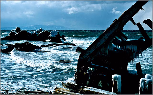 Cảnh vắng lặng ở Cape Shiriya-zaki, Aomori, vào mùa đông năm 1969.