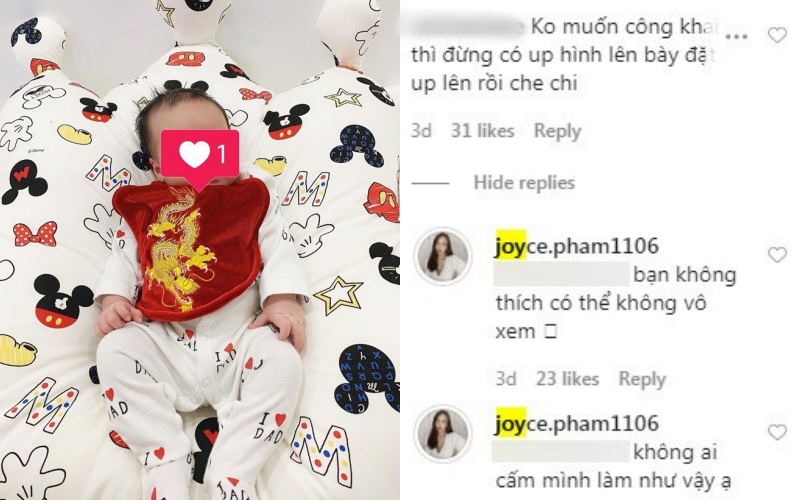Đây không phải lần đầu Joyce Phạm phải nhận những bình luận tiêu cực về vấn đề khoe con. Vào thời điểm quý tử đầu lòng của mình ra đời, nhiều anti-fan vẫn cho rằng cô đang "làm màu" để thu hút sự chú ý.