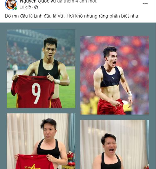 Đặc biệt, chồng Đoàn Di Băng - doanh nhân Nguyễn Quốc Vũ ngay sau đó đã có màn cosplay Tiến Linh cực ấn tượng.