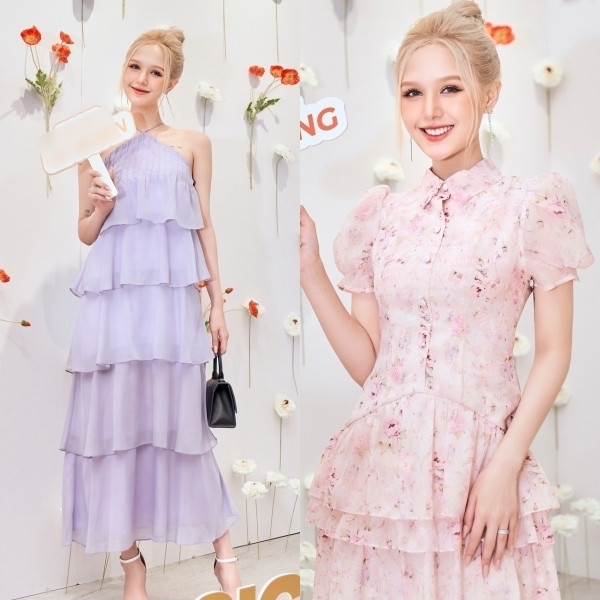 Gái xinh 2K2 thay 3 bộ váy khác nhau, thể hiện phong cách đa dạng. Chiếc váy tím cổ yếm, lớp vải voan xếp tầng mang đến cảm giác quyến rũ, bay bổng. Trong khi đó, chiếc váy hoa hồng kín đáo hơn lại tạo nên nét ngọt ngào.