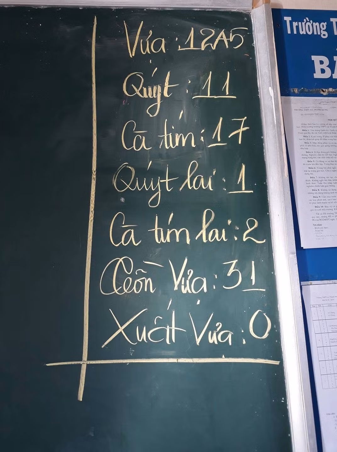 Ngoài giới tính nam nữ thông thường được biểu thị bằng quả cà tím cho nam và quả quýt cho nữ, bạn phụ trách viết sĩ số còn cẩn thận phân loại thêm dị tính gồm quýt lai và cà tím lai cho những bạn đặc biệt trong lớp.
