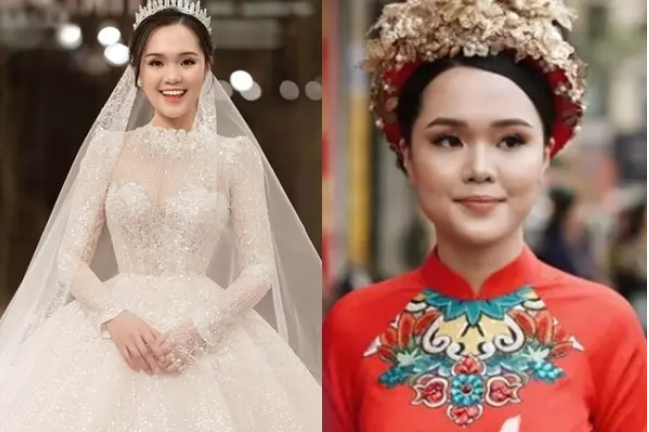 Có lẽ do việc lựa chọn áo dài cưới và mũ đội đầu không phù hợp làm cho nàng WAGs Quỳnh Anh kém trẻ trung hơn ngoài đời. Ảnh: Tổng hợp