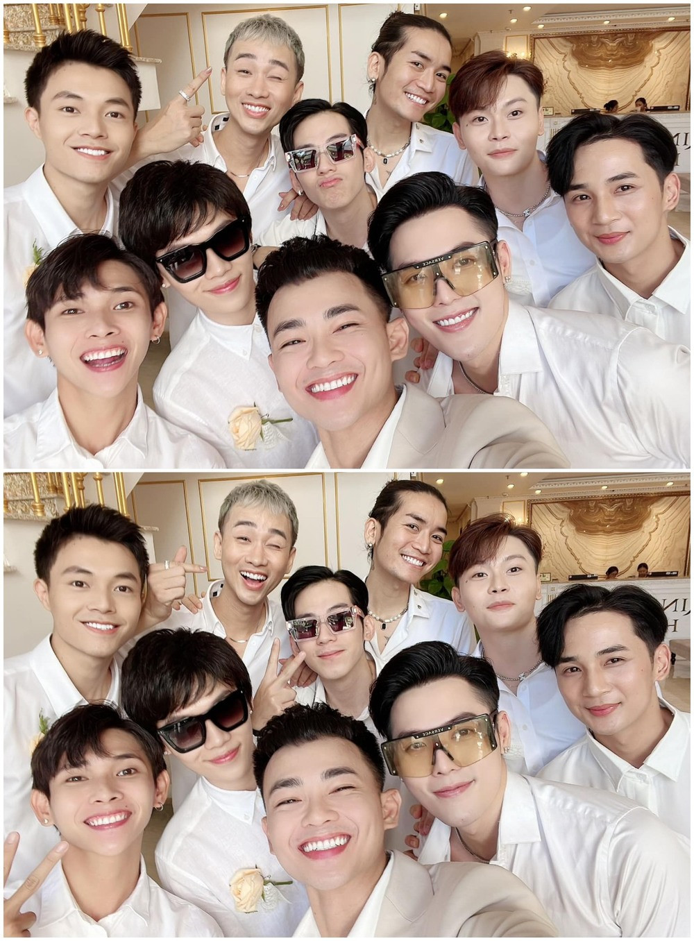 Tuy nhiên, Huyền My và Anh Tú đã gỡ gạc được tấm ảnh "tự sướng" cùng dàn phù dâu. Đồng thời là dàn phù rể hết sức bảnh trai và đều là nhân vật có tiếng.