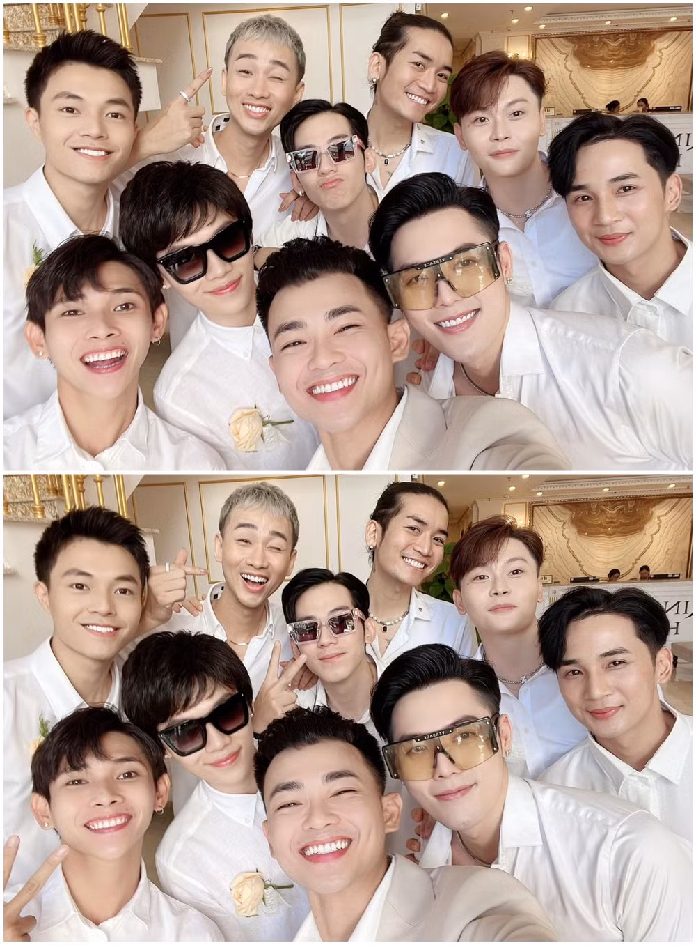 Tuy nhiên, Huyền My và Anh Tú đã gỡ gạc được tấm ảnh "tự sướng" cùng dàn phù dâu. Đồng thời là dàn phù rể hết sức bảnh trai và đều là nhân vật có tiếng.