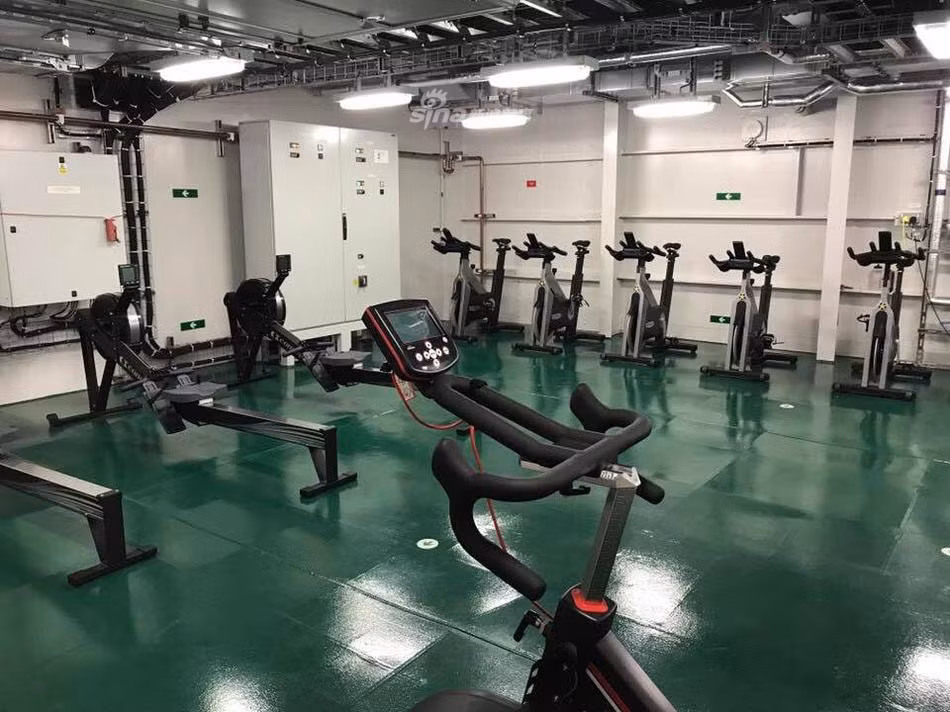 Phòng tập được trang bị các thiết bị tập luyện thể hình mới nhất trong đó bao gồm nhiều hệ thống máy chạy bộ, máy đạp xe và cả bàn bóng bàn. Nguồn ảnh: Sina.
