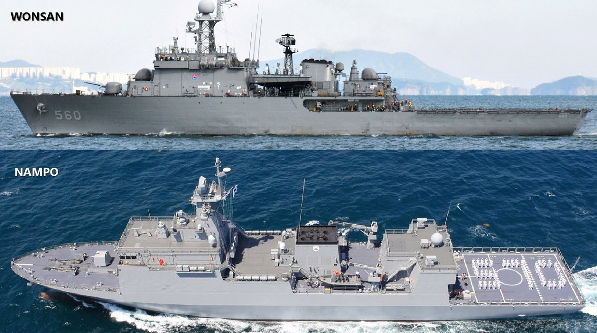 Thậm chí, hải quân nước này còn có sở hữu khinh hạm mang trực thăng mang tên lớp Nampo. Loại khinh hạm này có độ giãn nước lên tới 1500 tấn, hiện đã đóng được khoảng 2 tới 3 chiếc và được coi là bản sao của lớp Wonsan do Hàn Quốc chế tạo. Ảnh: So sánh lớp Wonsan (trên) và Nampo (dưới). Nguồn ảnh: Ipfs.