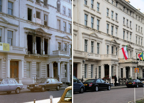 Đại sứ quán Iran nơi xảy ra vụ bắt con tin kinh hoàng năm 1980 (bên trái) và Đại sứ quán Iran tại London năm 2008. Nguồn ảnh: History.