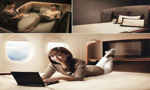 Khi bước vào khoang dành cho hạng Suites của hãng hàng không Singapore Airlines, điều đầu tiên hành khách cần làm là thay bộ đồ ngủ thoải mái cũng như dép đi trong phòng. Chỗ ngồi được bọc bằng da Poltrona Frau ở Italy. Ngoài ra, trong phòng còn trang bị một chiếc TV LCD 23 inch.