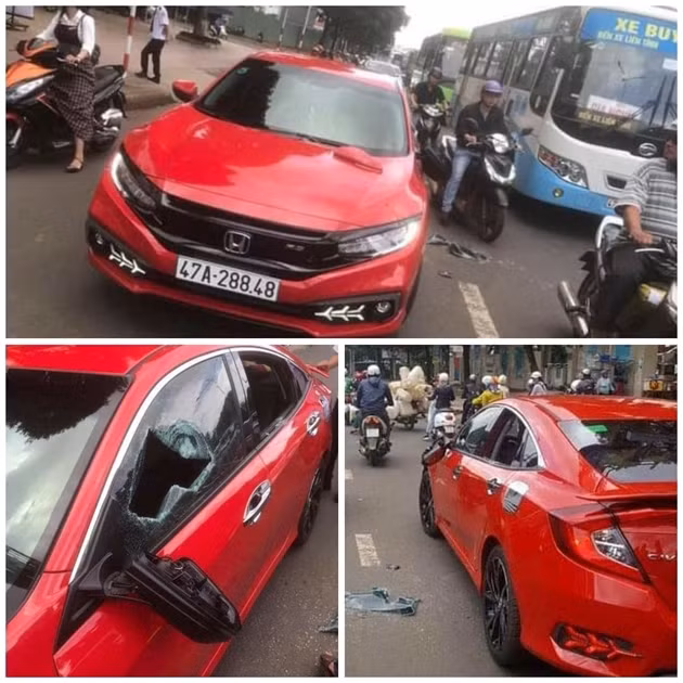 Chiếc xe con bị thầy chùa đập vỡ kính.