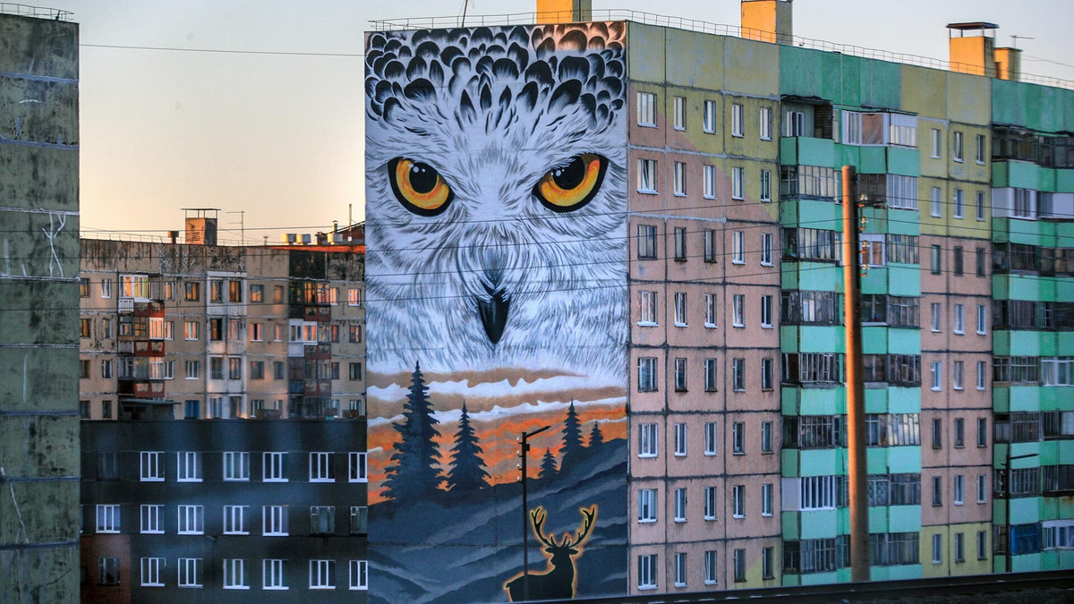 10. Ngôi nhà ở Norilsk và Dudinka được trang trí bởi bức tranh tường hình con cú mèo. Ảnh: RBTH.