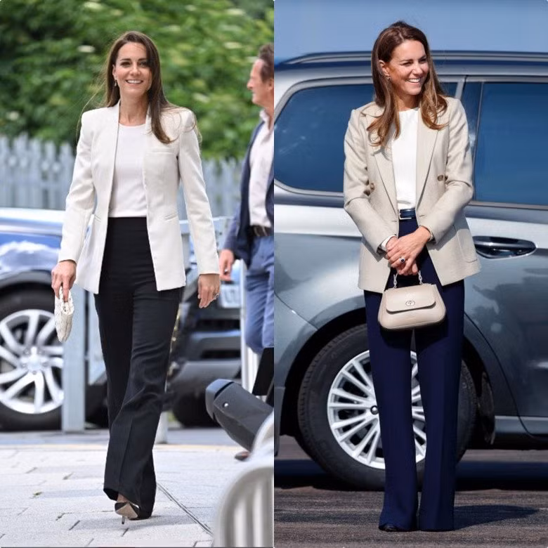 Công nương Kate Middleton thanh lịch với chiếc quần tây ống suông, áo blazer màu kem trung tính và túi xách cùng tông màu.