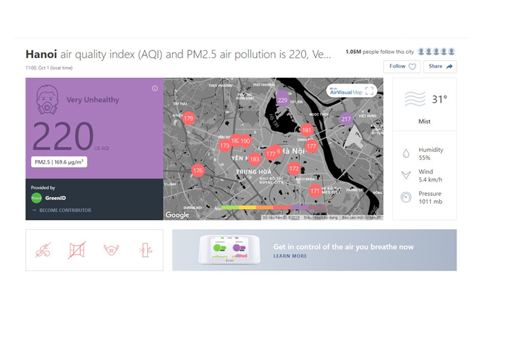 Viet Nam o nhiem, AirVisual do chi so khong khi the nao?