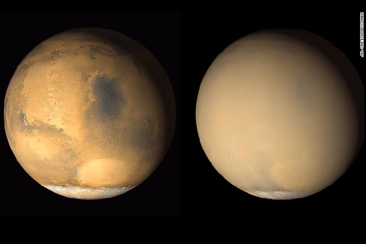 Hỏa tinh thường xuyên xảy ra những cơn bão bụi bao quanh hành tinh. Hành tinh này đã hoàn toàn thay đổi diện mạo khi khói bụi nổi lên do hoạt động của bão bụi ở phía nam. Hình ảnh này được chụp lại từ tàu vũ trụ Mars Global Surveyor vào năm 2001. 