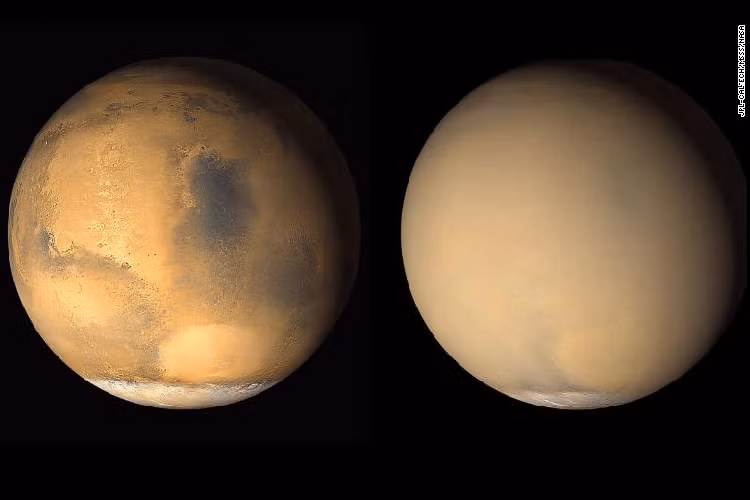 Hỏa tinh thường xuyên xảy ra những cơn bão bụi bao quanh hành tinh. Hành tinh này đã hoàn toàn thay đổi diện mạo khi khói bụi nổi lên do hoạt động của bão bụi ở phía nam. Hình ảnh này được chụp lại từ tàu vũ trụ Mars Global Surveyor vào năm 2001. 