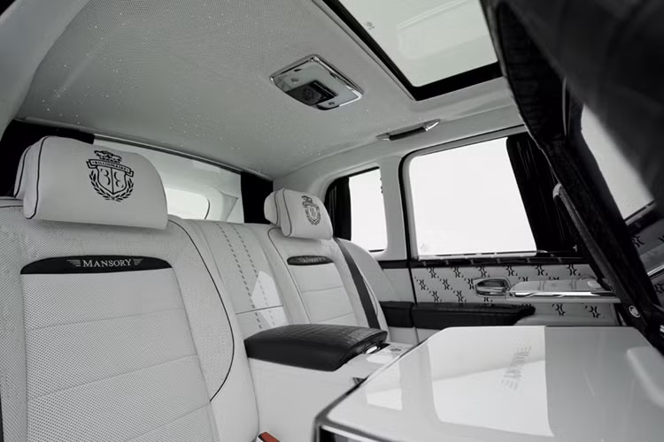 Trên tựa đầu ghế đều xuất hiện logo của thương hiệu thời trang Billionaire Couture trong khi tên của hãng độ Mansory nằm ở dưới. Trong khi đó, mặt cửa được bọc da với hoa văn đặc trưng của thương hiệu Billionaire Couture.