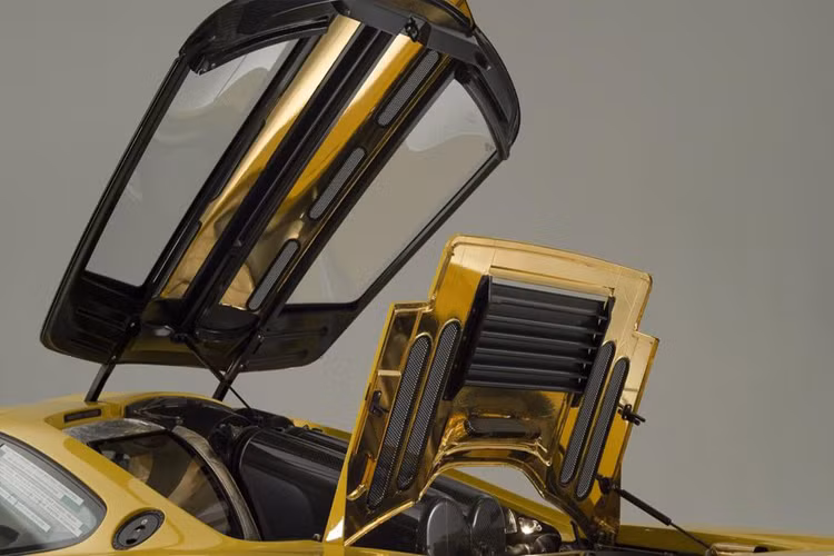 Khoang động cơ của chiếc McLaren F1 có nhiều chi tiết được làm bằng vàng 24K. Ghế ngồi lái của xe được thiết kế nằm giữa khoang lái giống như trong xe đua F1. Tất cả các dụng cụ sửa chữa được trang bị cho xe cũng được mạ vàng.