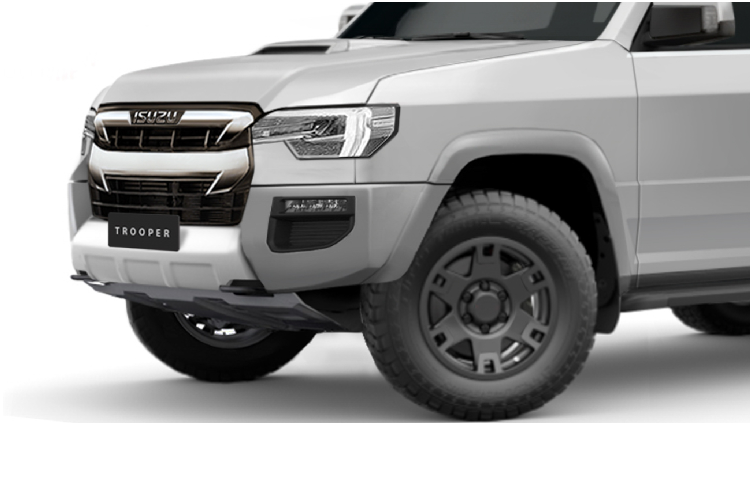 Nhà thiết kế vẫn giữ lại kiểu dáng hình dạng hình hộp đặc trung của Trooper với lốp dự phòng phong trần bụi bặm bên ngoài. Ở phía trước, phần đầu xe Trooper mới được trang bị cụm lưới tản nhiệt mạ crôm mới từ Isuzu, trang bị cụm đèn pha tích hợp LED chiếu sáng ban ngày.