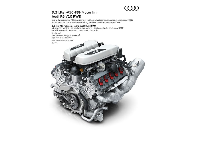"Trái tim" của Audi R8 RWD 2020 là khối động cơ V10 5.2L hút khí tự nhiên với sức mạnh đầu ra đạt 532 mã lực và 540 Nm mô-men xoắn cực đại. Đi kèm với đó là hộp số S-Tronic 7 cấp.