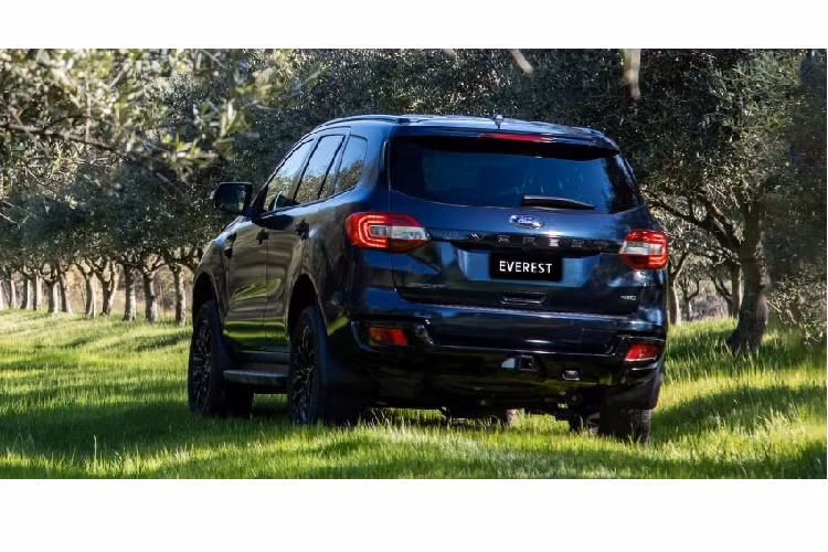Bên cạnh đó, cản sốc trước và sau hầm hố hơn với màu sơn đen, nắp capô có logo Everest lớn, ốp nắp cốp, bậc cửa, thanh giằng buộc đồ trên nóc và gương chiếu hậu của xe cũng được sơn đen sần. Để ăn nhập với ngoại hình tổng thể, Ford trang bị cho Everest Sport bộ lazăng hợp kim 20 inch đi kèm lốp 265/50-R20. Cửa xe có logo thể hiện phiên bản Sport.