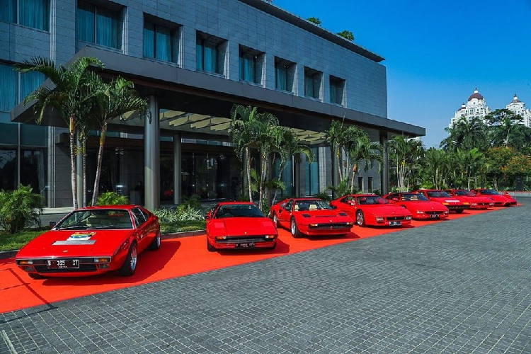 Đối mặt dàn siêu xe Ferrari hiện đại là một đoàn xe "ngựa chồm" thuộc diện hàng cổ. Phía ngoài cùng bên phải chính là Ferrari Enzo hàng hiếm.