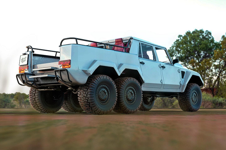 Lamborghini LM002 Safari 6×6 trong bộ ảnh này là một chiếc bán tải với 6 bánh xe off-road cỡ lớn, ba cầu chủ động và phần thùng xe phía sau được biến đổi nhằm phục vụ khách hàng của nó.