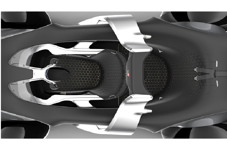 Tài xế ngồi ở giữa xe, trước mặt là vô lăng và hệ thống kính kỹ thuật số đặc biệt. Xe có hai ghế ngồi, trước và sau.