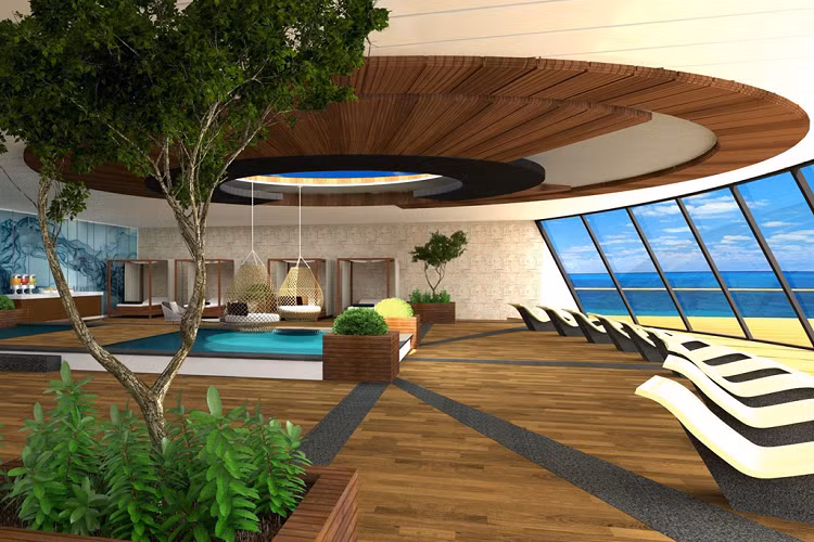 Siêu du thuyền Blue World Voyages còn được miêu tả là "cộng đồng chăm sóc sức khỏe trên mặt nước". Ngoài ra, tàu vẫn có các trang bị tiêu chuẩn của du thuyền hạng sang như hồ bơi, phòng tắm nắng và cây xanh.