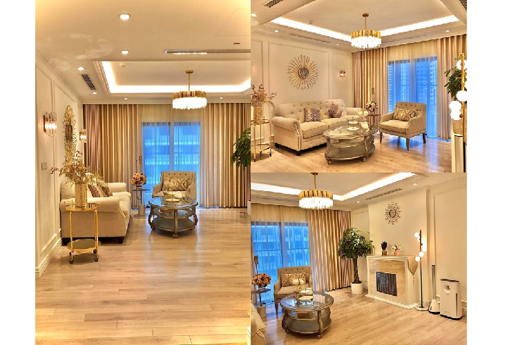 Phòng khách của cô trông sang trọng và hiện đại với những vật dụng có tông màu vàng chủ đạo như đèn chùm, kệ đặt hoa, đèn cây... Phía trong chiếc tủ được thiết kế giống lò sưởi là một chiếc TV 55 inch. Chia sẻ về kinh nghiệm trang trí nhà cửa, nữ MC cho hay: "Từ việc quyết định tông màu và chọn mua đồ đạc cho nhà mới, kinh nghiệm của mesumo (Diệp Chi - PV) là đừng tham nhiều màu, nhiều phong cách trong một không gian (trừ khi có chủ đích)". 