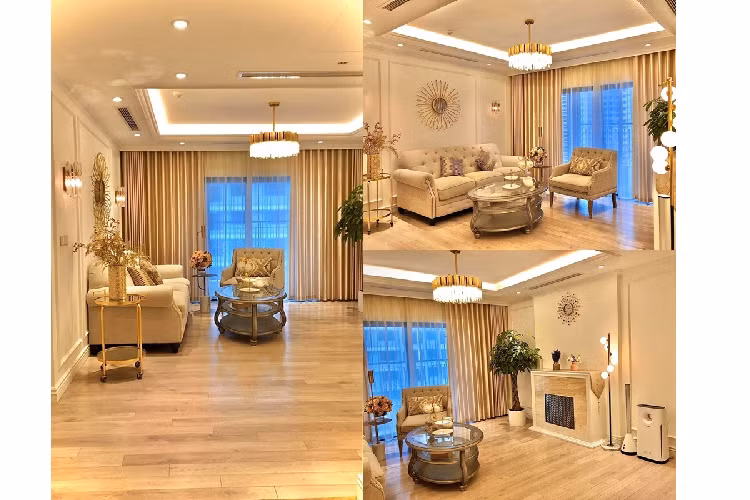 Phòng khách của cô trông sang trọng và hiện đại với những vật dụng có tông màu vàng chủ đạo như đèn chùm, kệ đặt hoa, đèn cây... Phía trong chiếc tủ được thiết kế giống lò sưởi là một chiếc TV 55 inch. Chia sẻ về kinh nghiệm trang trí nhà cửa, nữ MC cho hay: "Từ việc quyết định tông màu và chọn mua đồ đạc cho nhà mới, kinh nghiệm của mesumo (Diệp Chi - PV) là đừng tham nhiều màu, nhiều phong cách trong một không gian (trừ khi có chủ đích)". 