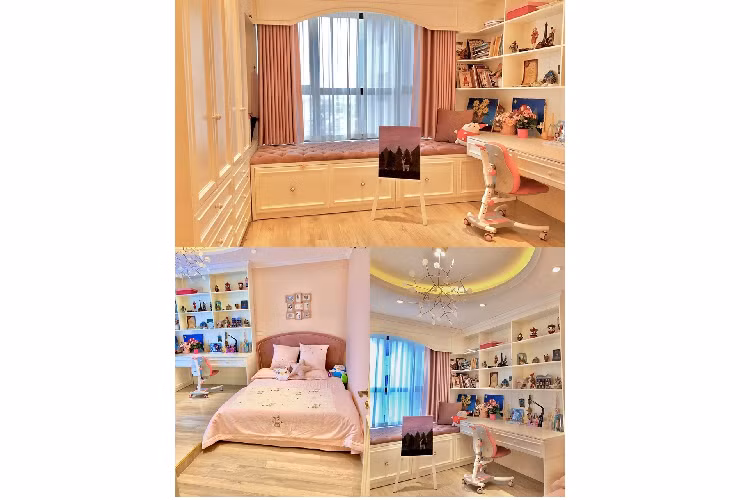 Điểm nhấn trong phòng ngủ của con gái Diệp Chi là những đồ dùng màu hồng. Cô cho biết tuy là phòng ngủ nhưng bé An Nhiên (tên thân mật là Sumo) chỉ dành để học và chơi là chính. Đến tối, bé lại qua ngủ với mẹ. "Việc dọn dẹp để phòng luôn ngăn nắp là Sumo tự làm hết, dưới sự hướng dẫn của mẹ những lần đầu. Giờ thì nàng quen việc rồi, khỏi chờ mẹ chỉ dẫn nữa", cô nói thêm. 