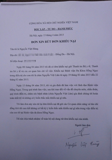 Gia dinh be 1 tuoi rut don, Benh vien Hong Ngoc co thoat toi?