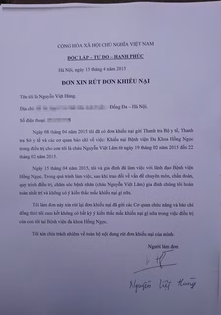 Gia dinh be 1 tuoi rut don, Benh vien Hong Ngoc co thoat toi?