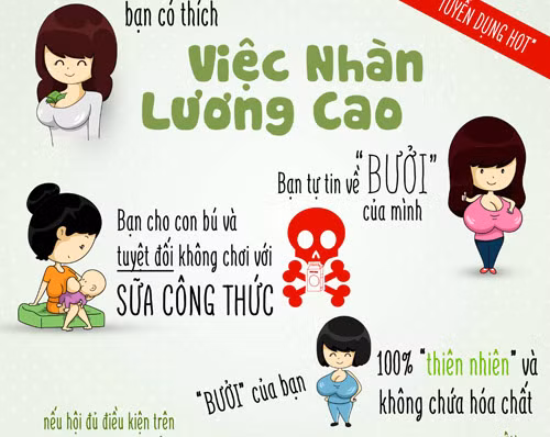 9. Tuyển dụng nữ vòng ngực 100cm, lương 100 triệu Một công ty chuyên về bán bột trà xanh tại TP HCM hôm qua đăng thông tin tuyển dụng nhân viên cho công việc hướng dẫn vắt 100ml sữa mẹ với mức lương 100 triệu đồng một nămvới điền kiện: nữ từ 18 đến 35 tuổi, đang nuôi con bằng sữa mẹ, vòng ngực trên 100cm và chưa qua phẫu thuật thẩm mỹ, sức khỏe tốt, cân nặng 55-65kg. Đại diện công ty chuyên cung cấp bột trà xanh cho biết, thông tin đăng tuyển trên hoàn toàn nghiêm túc và chỉ mới là vòng sơ tuyển. 