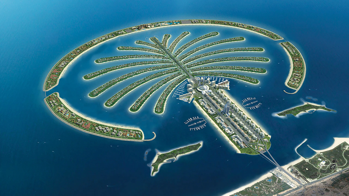 1. Quần đảo Palm (Dubai): Bao gồm ba hòn đảo nhân tạo lớn nhất thế giới, Palm Jumeirah, Palm Jebel Ali và Palm Deira. Được xây dựng tạo hình giống cây cọ, trở thành điểm du lịch nổi tiếng với hàng loạt tiện ích và cơ sở hạ tầng hiện đại.