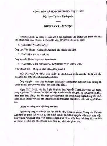 Biên bản làm việc về vụ mất 100 triệu đồng của anh Huy với ngân hàng Agribank.