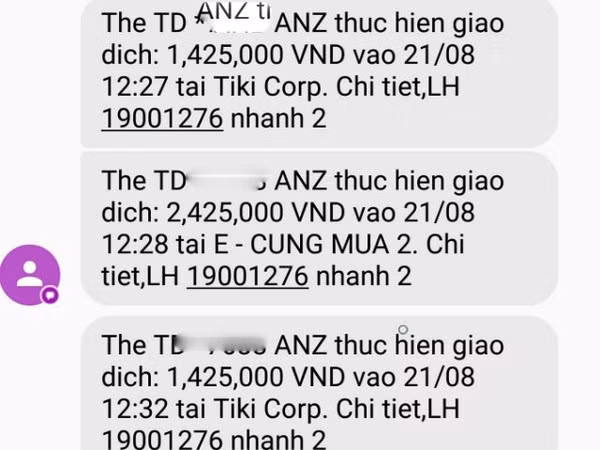 Ngày 24/8, anh T.Đ.Anh nhận được 11 tin nhắn báo giao dịch được thực hiện từ tài khoản thẻ tín dụng (VISA Credit Card) với tổng giá trị là 30.997.000 đồng.