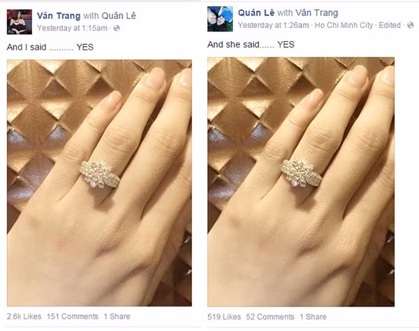 Trước đó, ông xã Việt kiều từng cầu hôn Vân Trang bằng một chiếc nhẫn kim cương đắt đỏ.