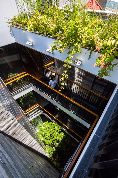 Ngôi nhà độc đáo nằm trên một khu đất có chiều ngang hẹp 4m và dài gần 40m, bị gãy khúc ở giữa. Để đảm bảo chiếu sáng và thông gió tự nhiên cho nhà ống quá dài, kiến trúc sư thiết kế nhà thành hai khối kết nối bởi vườn cây xanh chính ở khu vực gãy khúc. Những cây cầu nối giữa hai khối nhà cũng được phủ cây xanh, đem lại cảm giác thư thái cho các thành viên khi đi lại trong nhà.