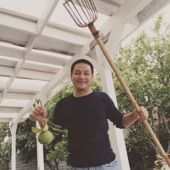 Ông xã Kim Hiền vui vẻ hái quả để cả gia đình cùng thưởng thức. Ảnh: Sức khỏe cộng đồng.