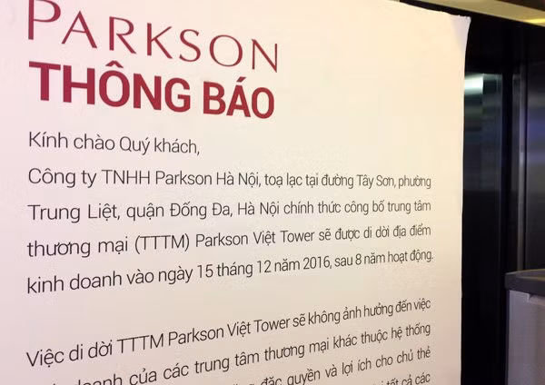 Tuyên bố sắp đóng cửa của Parkson Thái Hà.