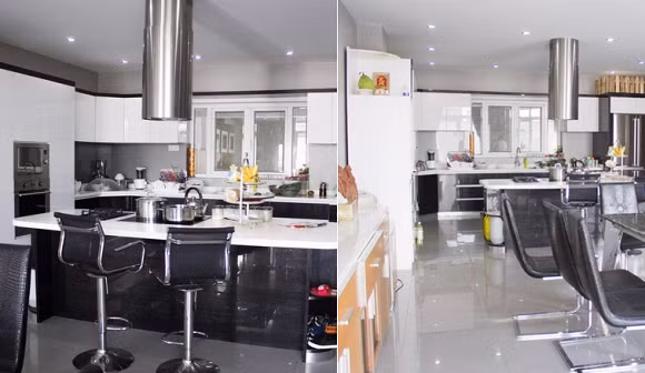 Phòng bếp sạch sẽ với không gian thoáng đãng và thoải mái. Ở phòng này, nghệ sĩ chọn tông màu đen trắng toát lên vẻ hiện đại, sang trọng. Ảnh: Giadinhvietnam.