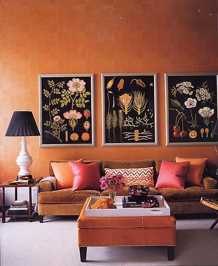 Bức tường và những món nổi thất màu đất nung giúp làm cho căn phòng nổi bật và ấm cúng.