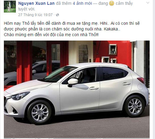 Siêu mẫu Xuân Lan còn hài hước chia sẻ, số tiền mua xe mới là tiền của con gái mới 2 tuổi tiết kiệm được mua tặng mẹ.