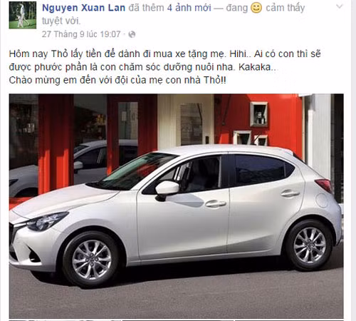 Siêu mẫu Xuân Lan còn hài hước chia sẻ, số tiền mua xe mới là tiền của con gái mới 2 tuổi tiết kiệm được mua tặng mẹ.