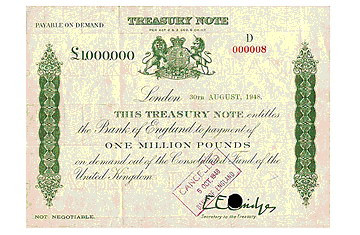 Tờ tiền giấy hiếm nhất: Tiền giấy mệnh giá lớn nhất từng được Ngân hàng Trung ương Anh BOE phát hành là tờ tiền 1.000.000 Bảng năm 1948 trong giai đoạn tái thiết thời hậu chiến dưới kế hoạch Marshall. Tờ tiền này chỉ dành cho chính phủ Mỹ sử dụng và bị hủy bỏ chỉ sau vài tháng nên rất ít tờ lọt ra ngoài cho các nhà sưu tập tư nhân.