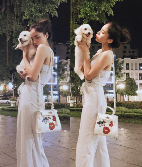 Hoa hậu Kỳ Duyên sành điệu cùng thú cưng xuống phố. Ảnh: Infonet.